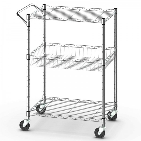 Metal Trolley on Wheels 3 Tier Storage Trolley Rolling Cart Multi Purpose Storage Rack Organizer Cart for Home Kitchen Office Bathroom Garage 44×30×95cm 180° of Free Control Angle White 